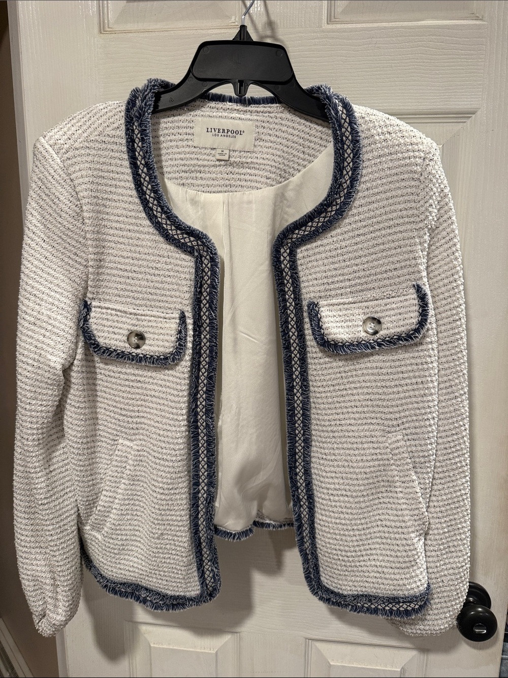 Liverpool White Tweed Open Cardigan with Navy Trim